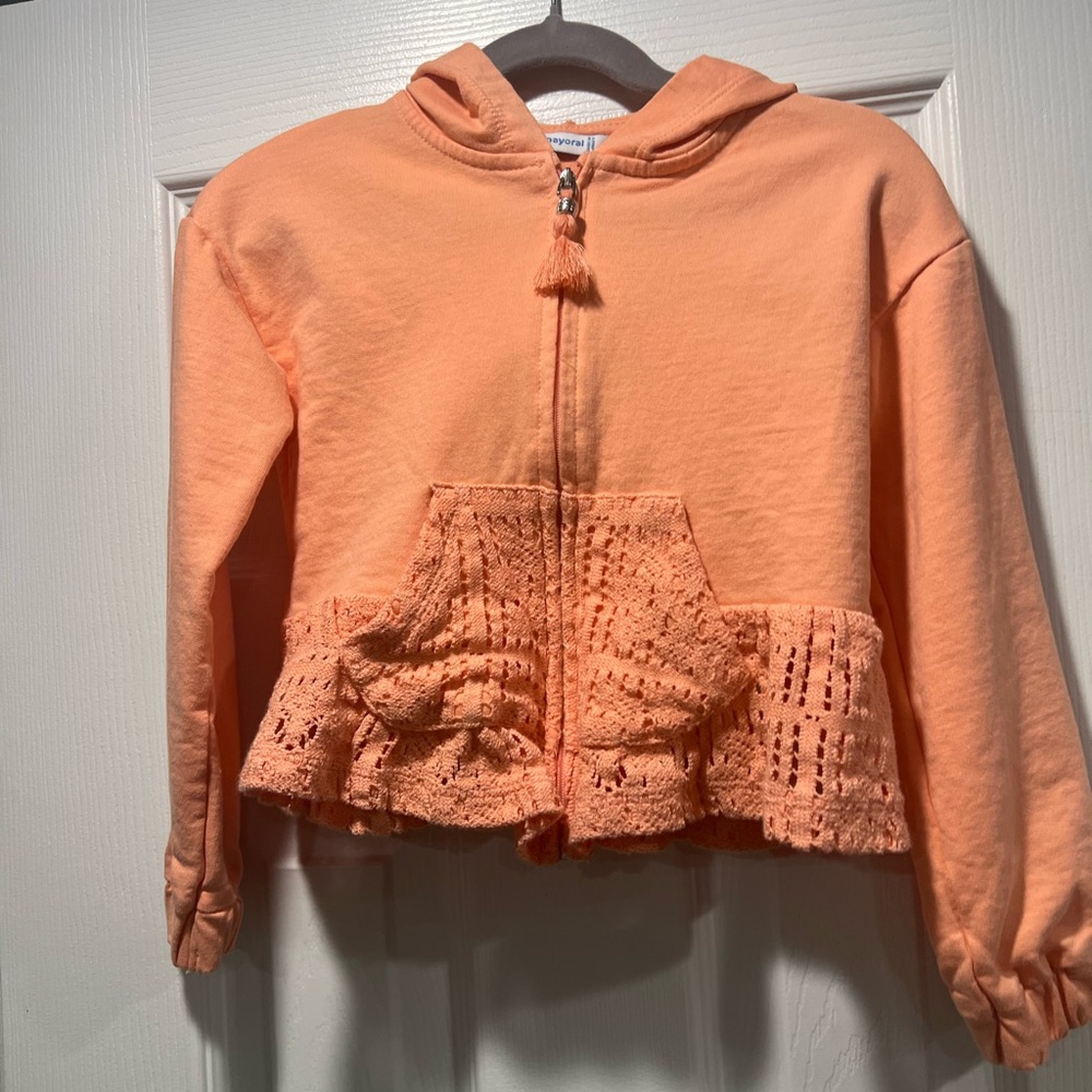Mayoral, Size 6, Kids Orange Hoodie with Lace Detail